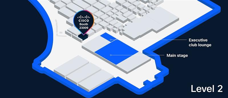 ISC West floor map showing Cisco Booth 23009 on Level 2 near the executive club lounge and main stage