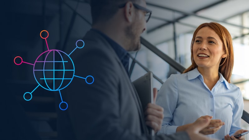 Woman and a man in conversation with global icon to their left.