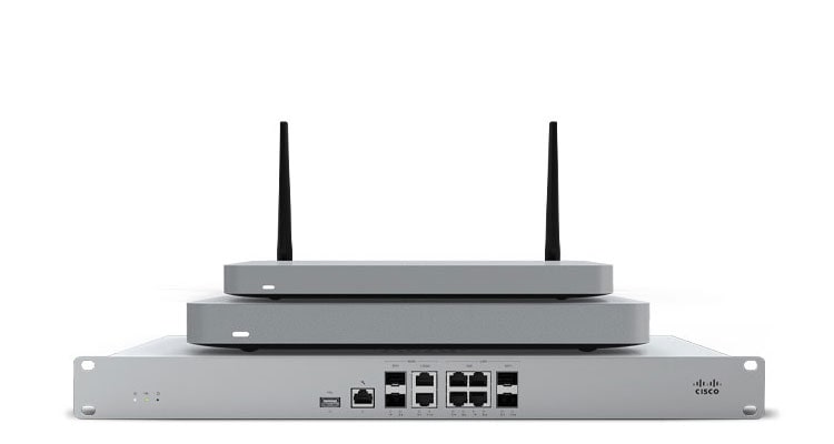 Three stacked Cisco Meraki SD-WAN devices