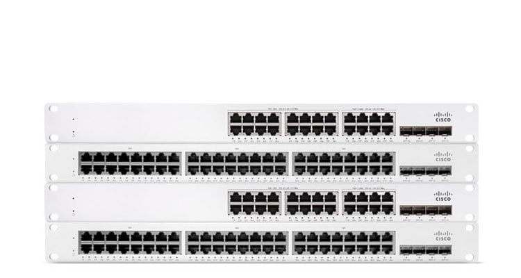 Four stacked Cisco Meraki cloud-managed switches