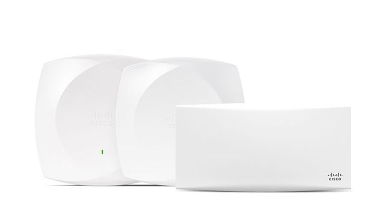 Three white Cisco Meraki wireless access points