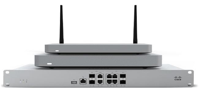 Stack of three different models of Cisco Meraki MX routers