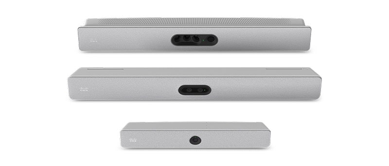 Three Cisco video conferencing devices of varying sizes stacked vertically, each with a central camera lens and Cisco logo.