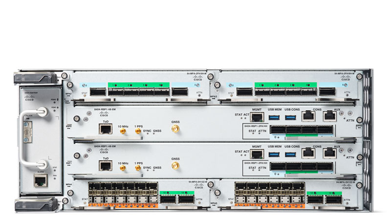 Cisco 8404 modular network chassis featuring RSP1-4S-EM, RSP1-2FH/4H, 84-MPA-2FH/SH-M, and 84-MPA-2H12Z-M modules.