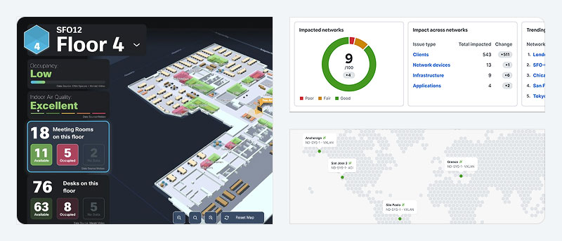 SFO12 Floor 4 occupancy and desk status, network health dashboard with 9/100 score, and a world map of network nodes.