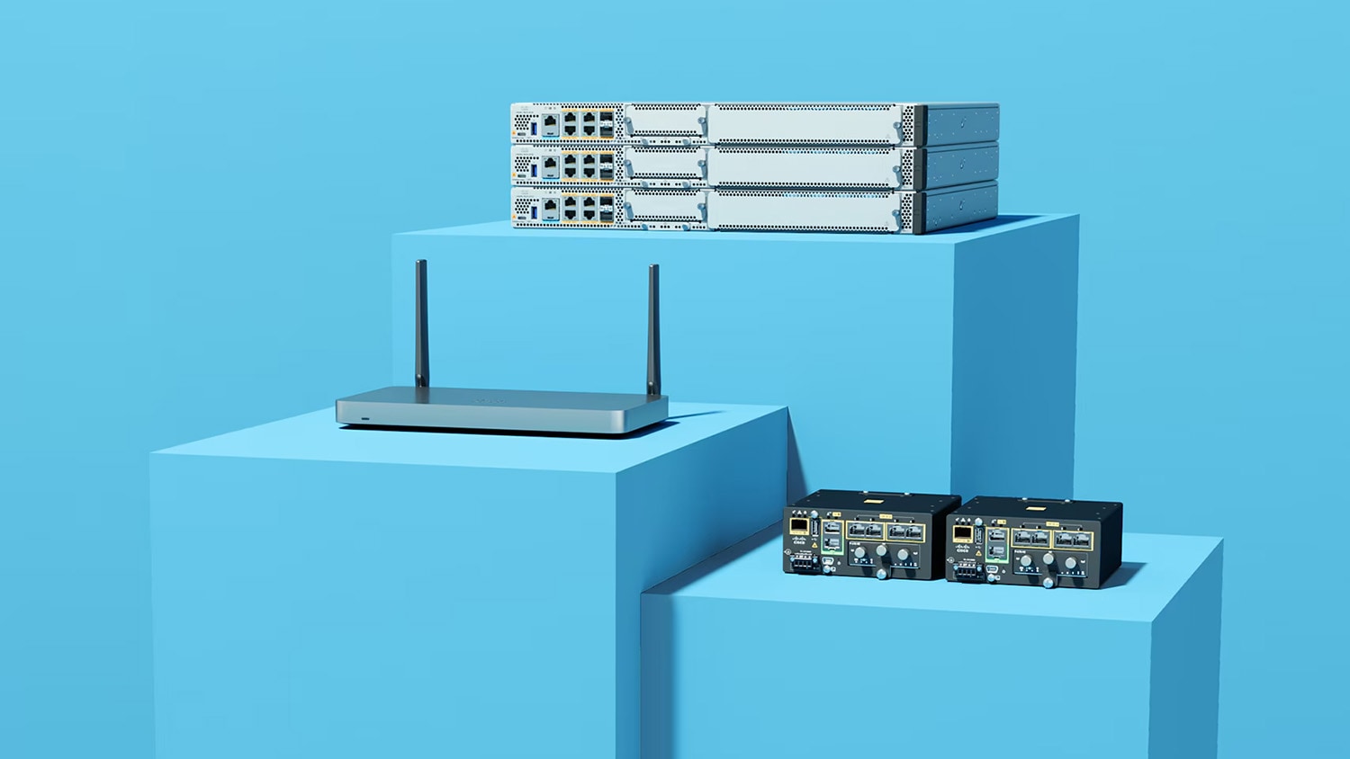 Cisco secure networking hardware including three stacked rack-mount units, a wireless device, and two compact industrial units.