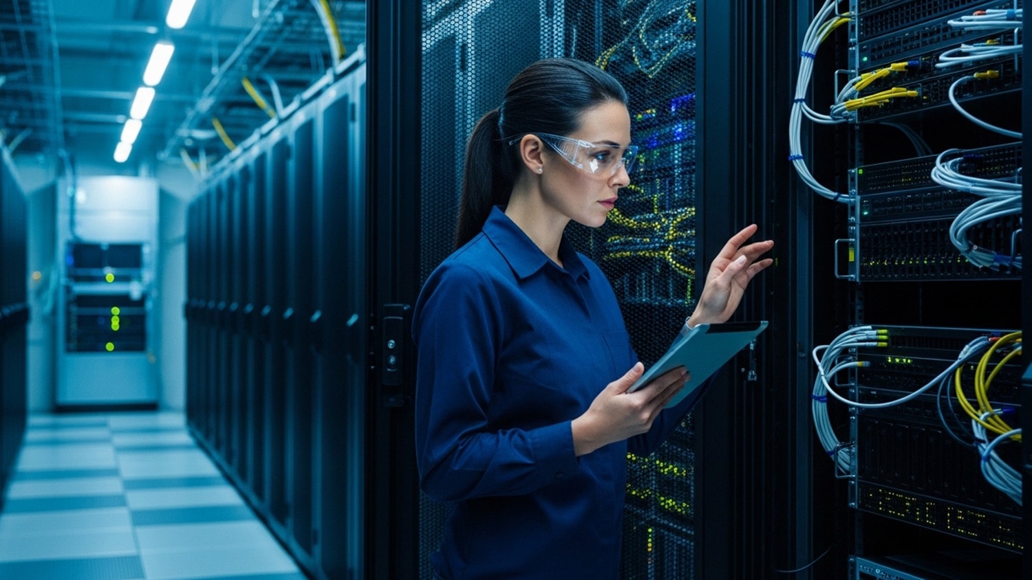 Technician wearing safety glasses in a server room, holding a tablet while examining server rack equipment.