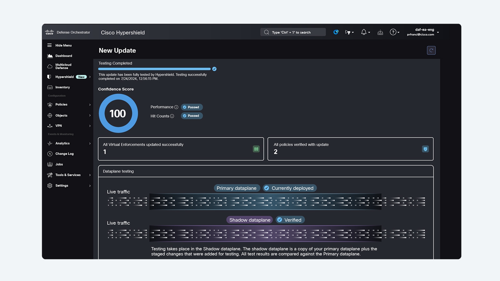Cisco Hypershield dashboard showing a New Update of completed testing, with a confidence score, specific updates, and dataplane testing details. 