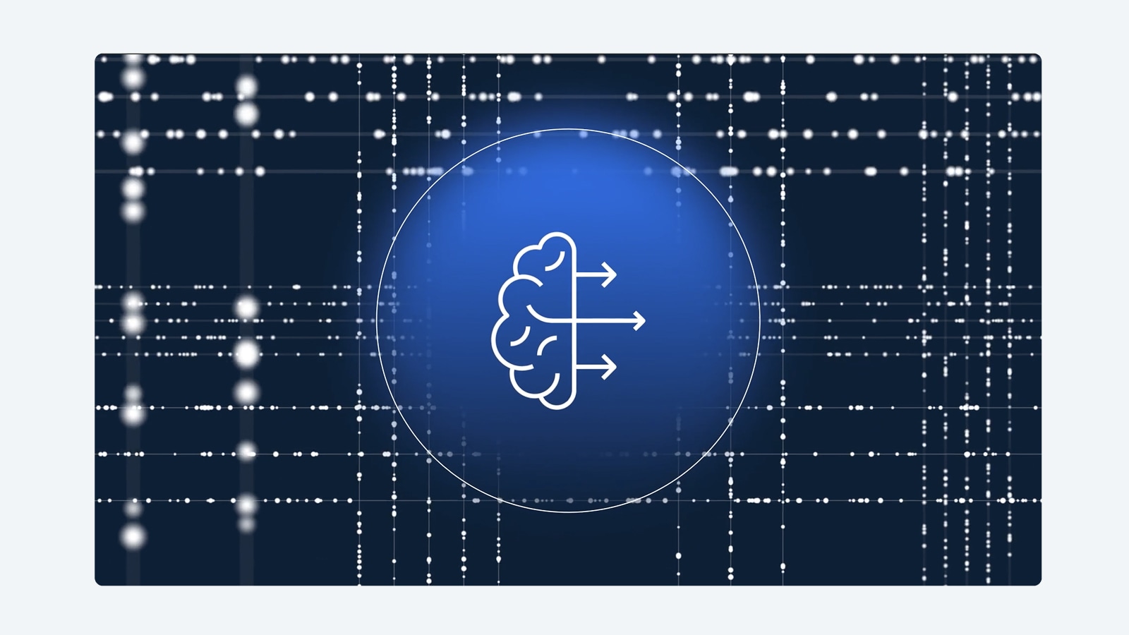 Stylized brain icon with three arrows pointing right, set against a background of digital grid lines and data points.