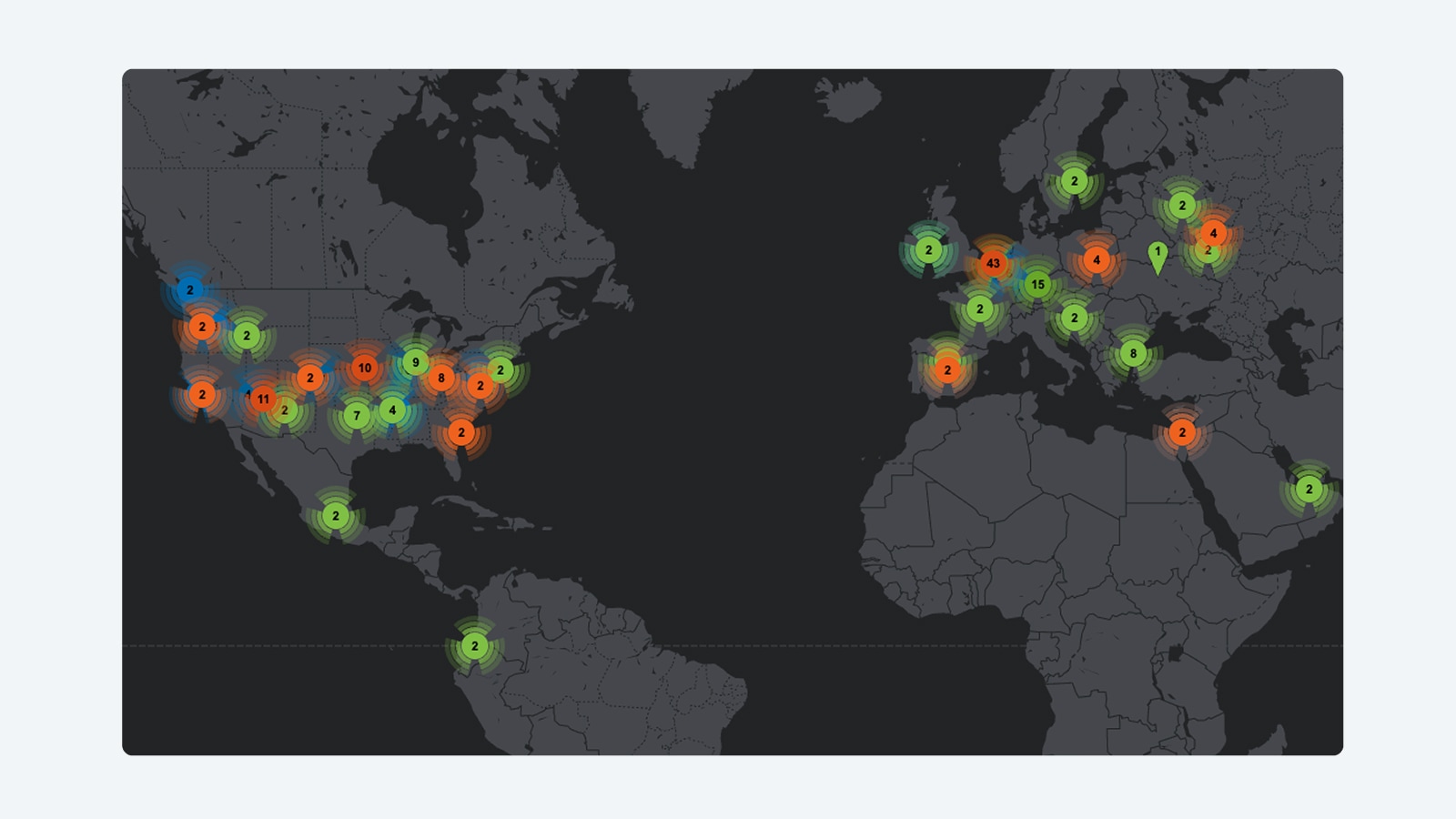 World map displaying numerical data clusters distributed globally across North America, Europe, and the Middle East.