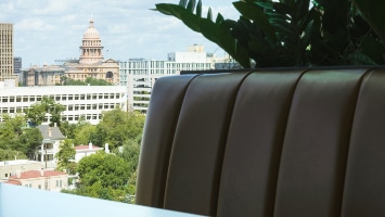 Cityscape view with lush greenery indoors