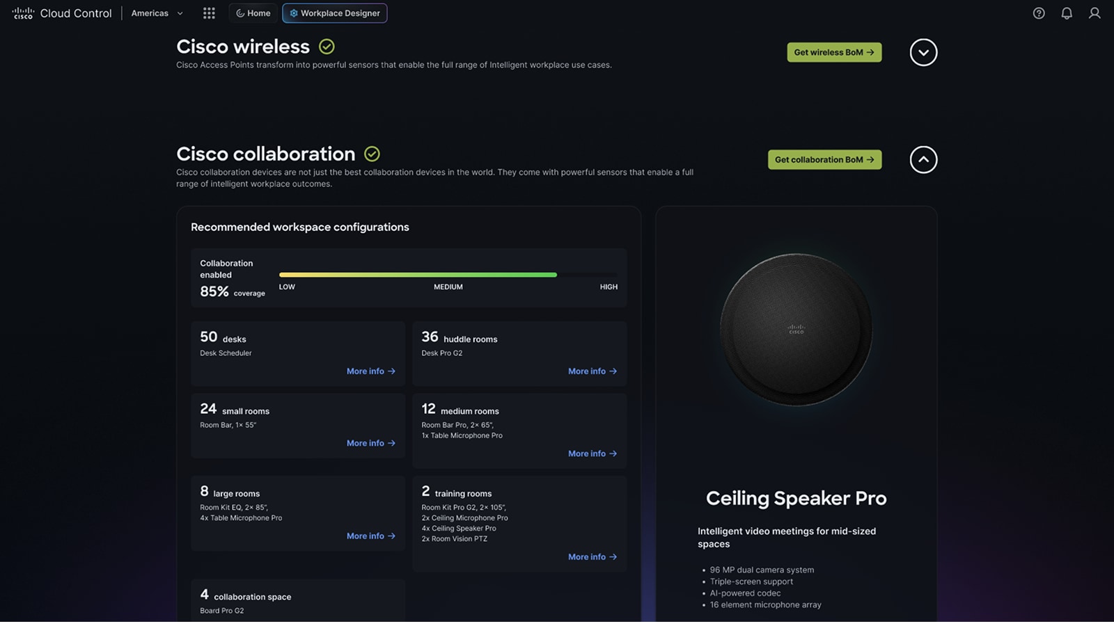 Cisco Cloud Control dashboard displaying 85% collaboration coverage, recommended workspace configurations, and Ceiling Speaker Pro product details.
