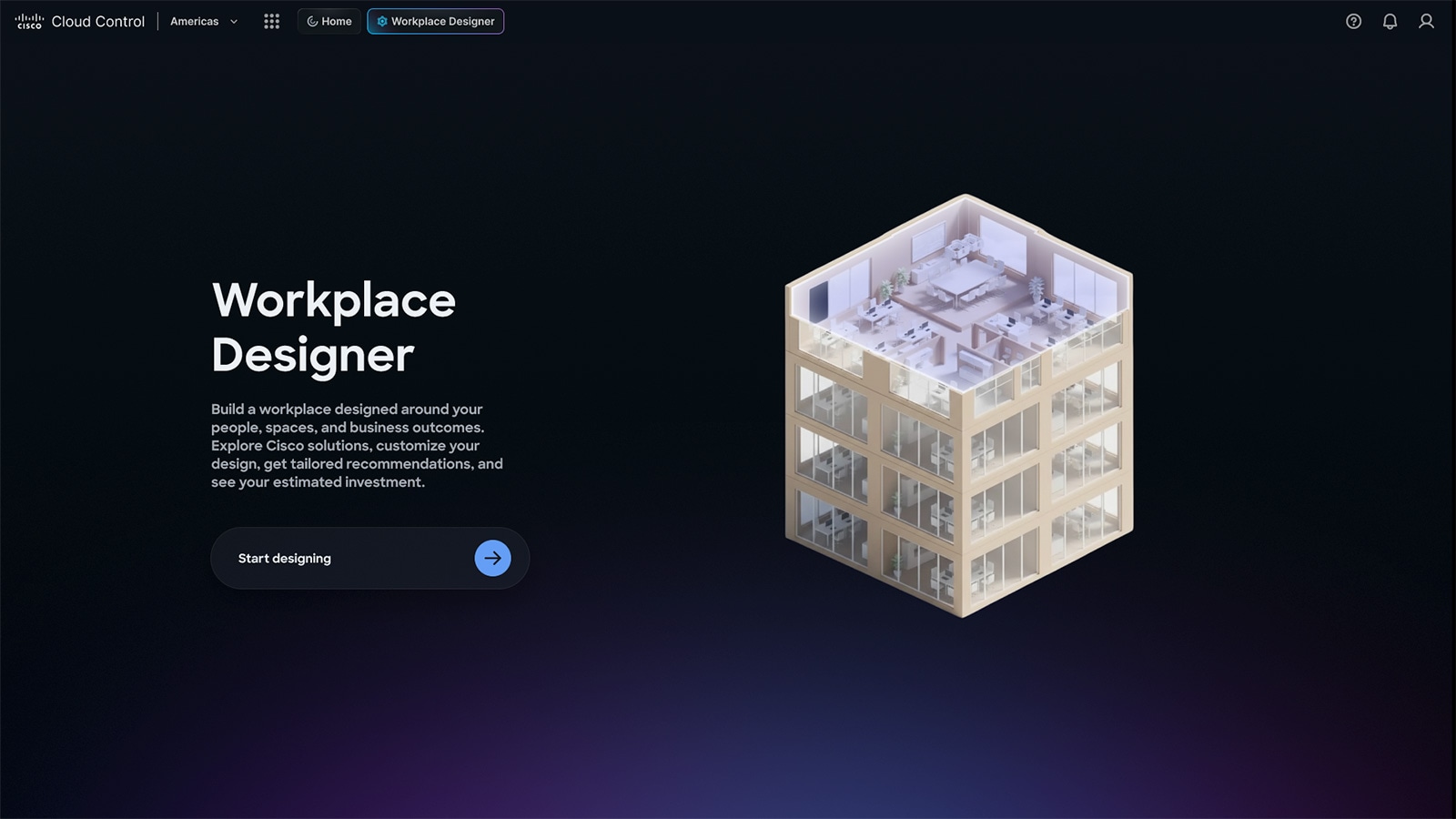 Workplace Designer interface featuring an isometric office building illustration and a ”Start designing” button.