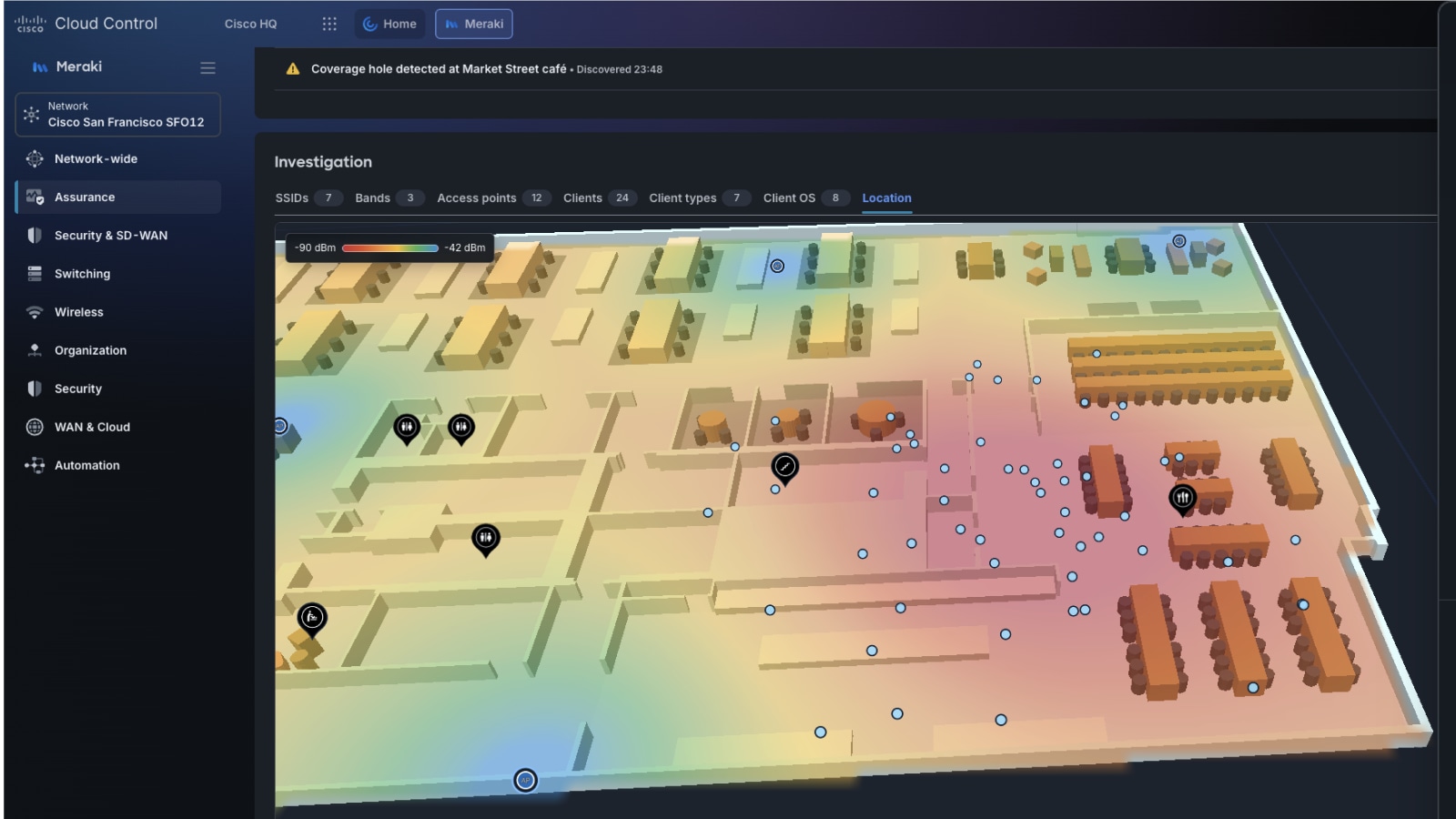 Cisco Cloud Control dashboard showing a Wi-Fi heat map for Market Street café with a detected coverage hole.