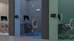 Hybrid office quiet room workspaces for heads-down focused work and video meetings
