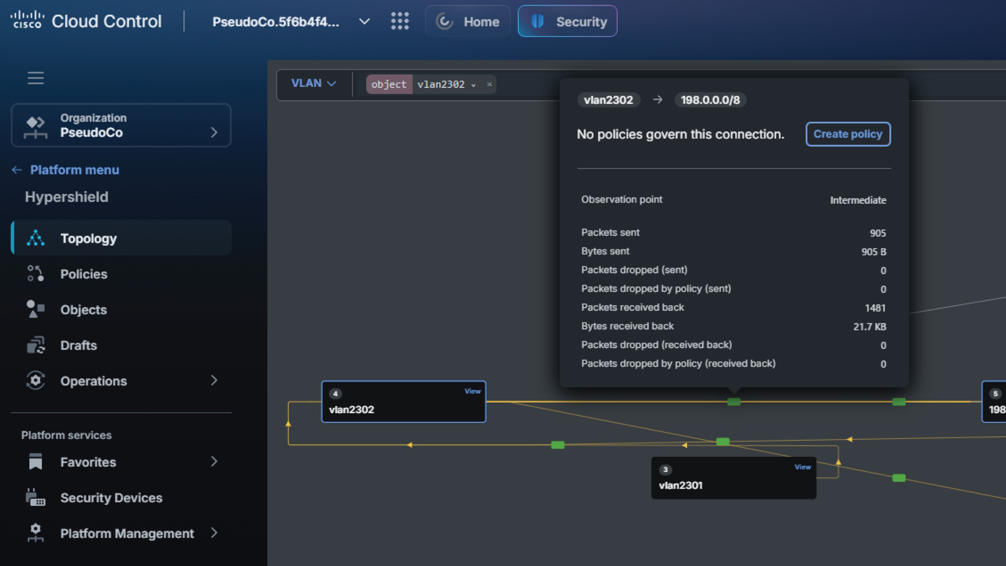 Cisco Cloud Control security topology showing VLAN traffic and a create policy prompt.