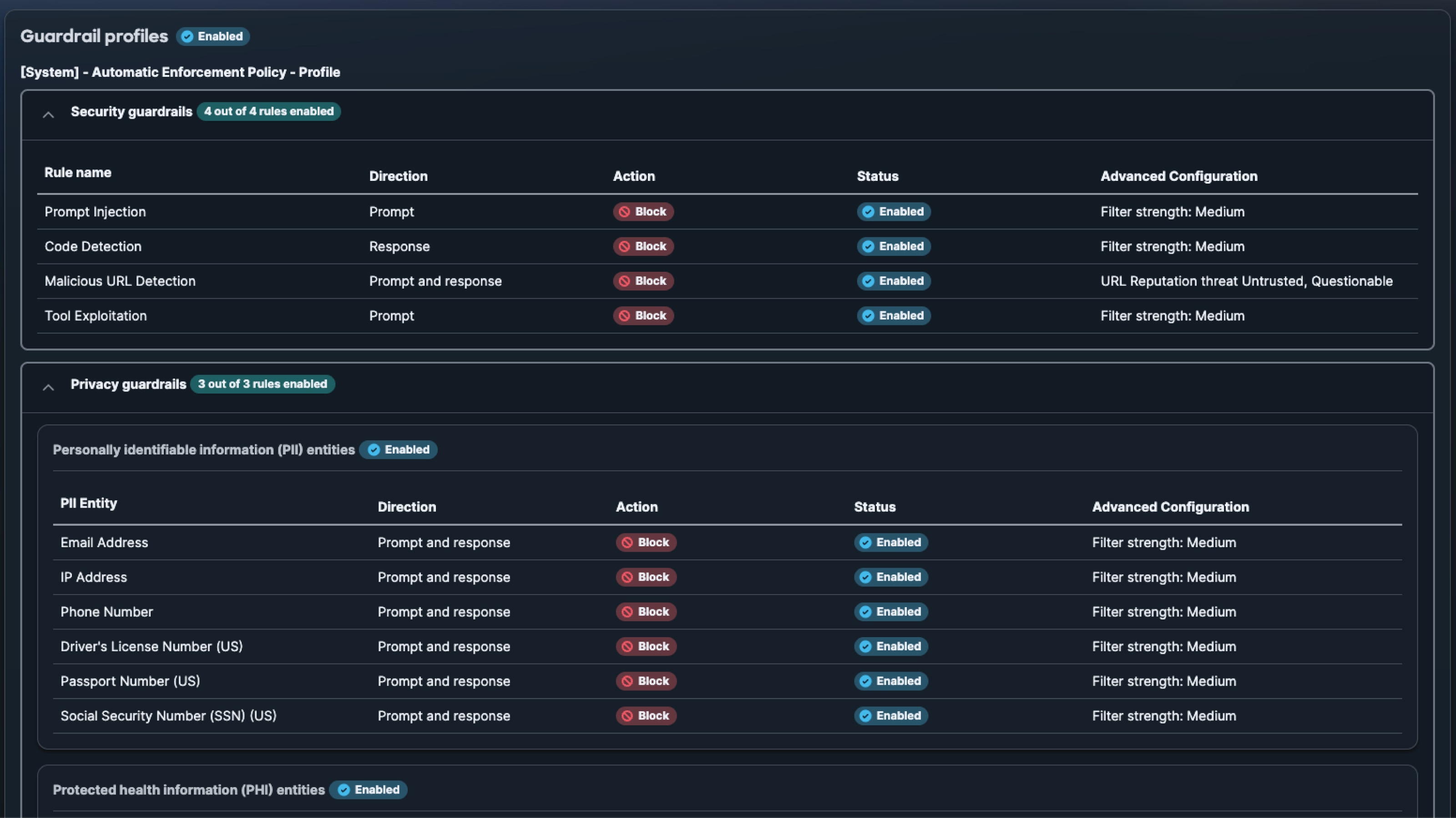 Guardrail profile interface showing enabled security and privacy rules.