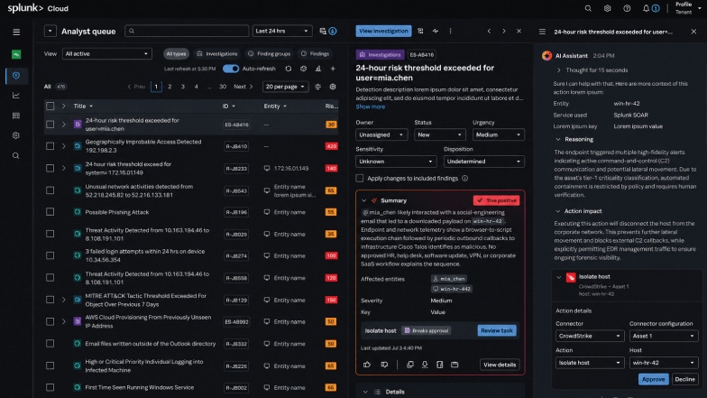 Splunk Cloud analyst queue showing a risk investigation and AI assistant response.