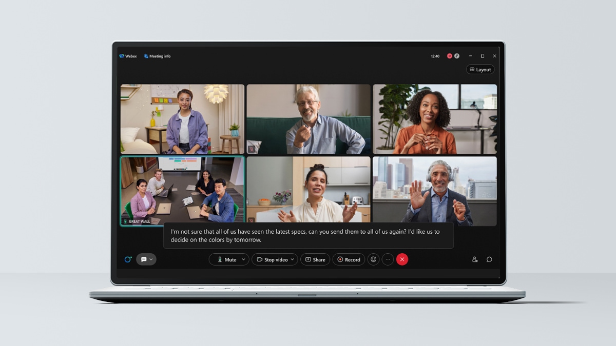 ラップトップ画面に表示されている Webex のビデオ通話