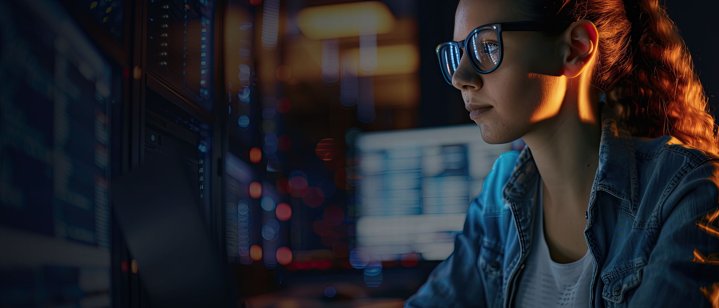 Woman wearing glasses monitors data in a blue-lit server room, with warm orange highlights and blurred equipment lights in the background.