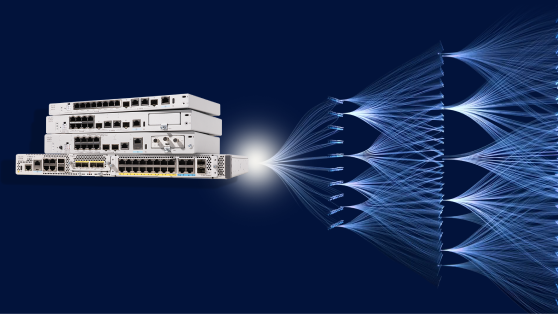 Stack of Cisco networking devices with branching blue light trails representing data connectivity.