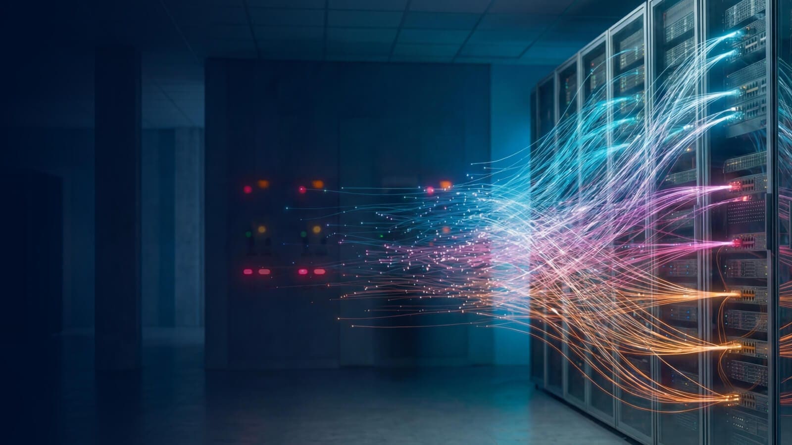 Futuristic data center with glowing multicolored data streams flowing from server racks in a dark blue-lit environment.
