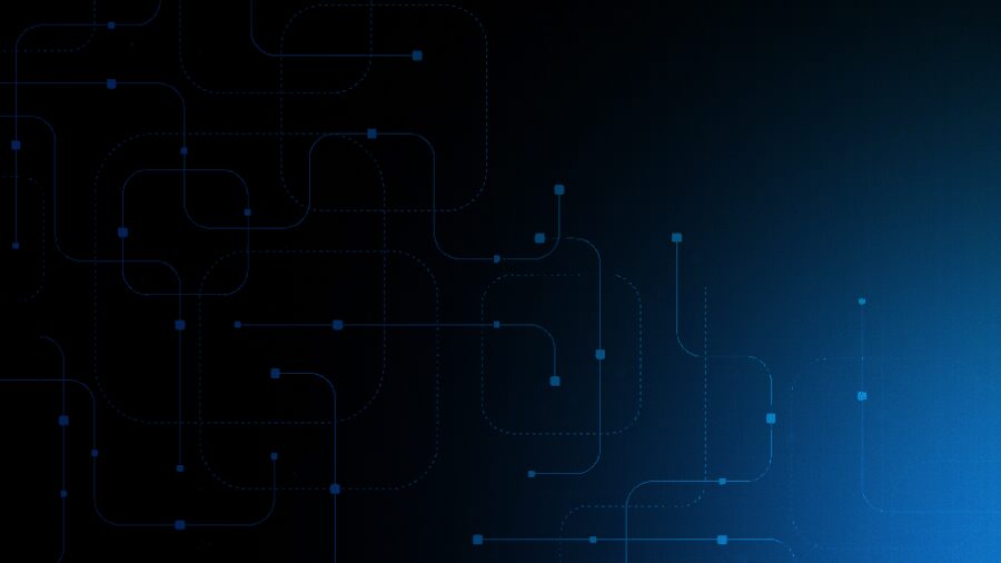 Abstract dark blue background with glowing circuit-like lines and nodes fading into a bright blue gradient.