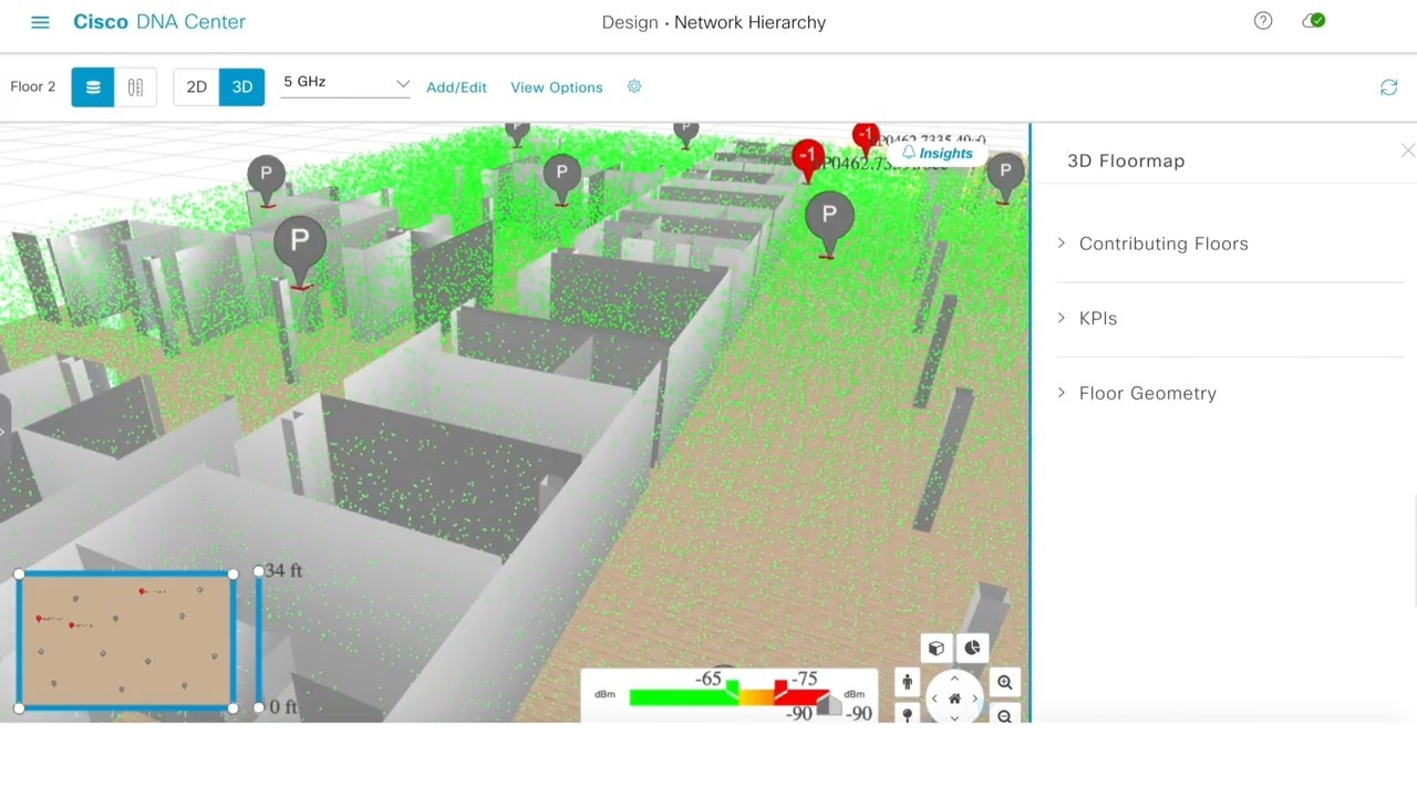 Office layout showing Cisco DNA Center wireless 3D analyzer's heat map