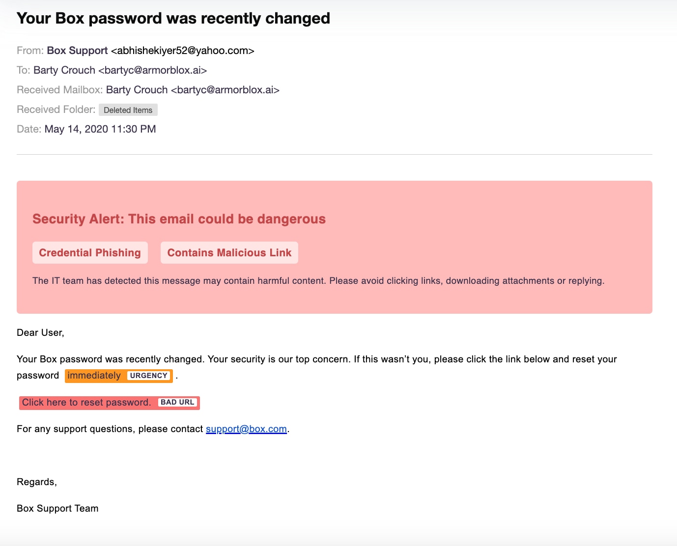 Sample screen capture of phishing password reset message