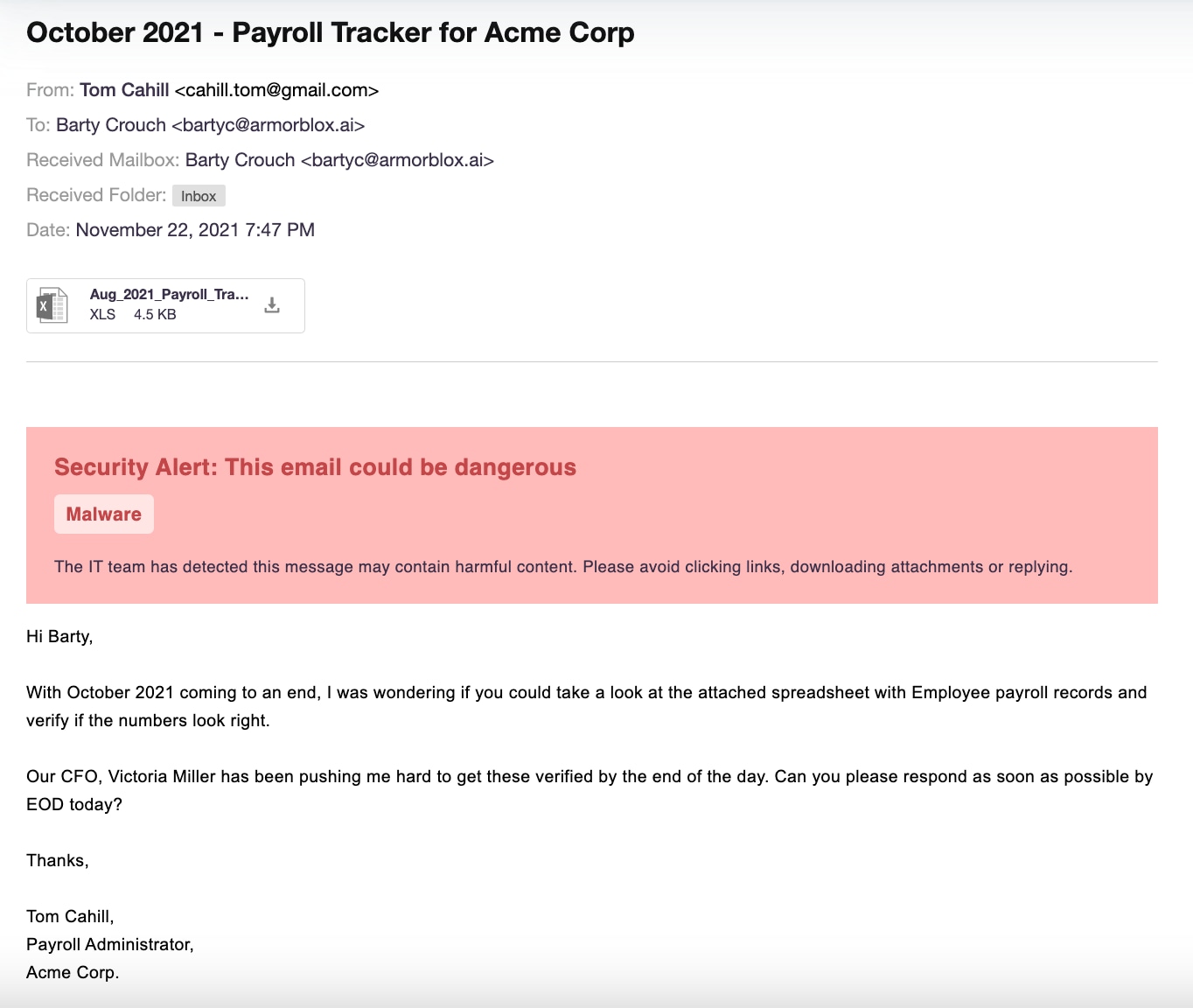 Sample screen capture of phishing payroll message
