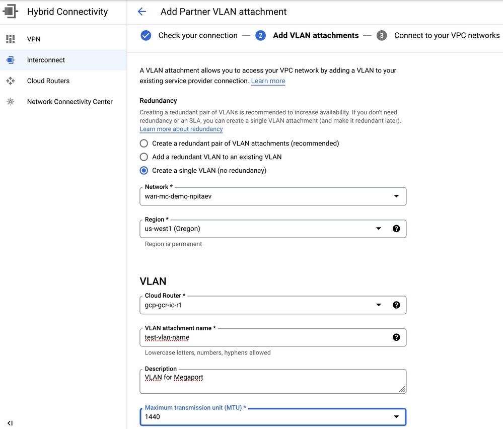 GCP Console where the VLAN is Attached to Google Cloud Router for Interconnect Provisioning