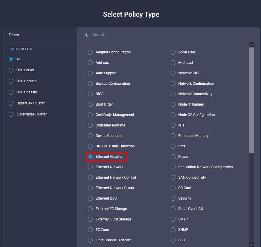 Policies Tab - Create Policy - Ethernet Adapter