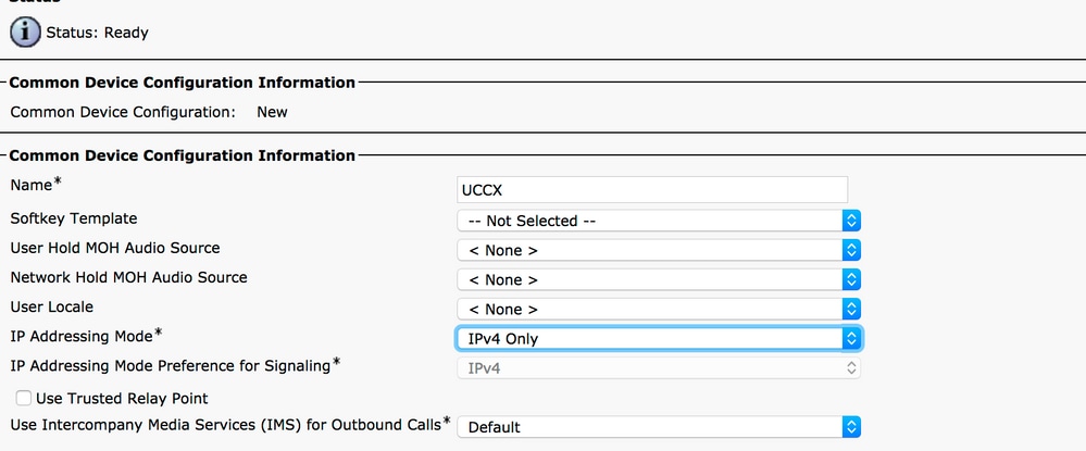 Create a new Common Device Configuration (CDC) for UCCX Agents with IP Addressing Mode set to IPv4 Only