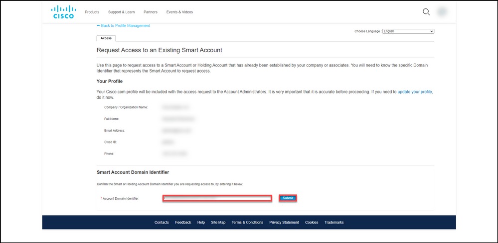 Requesting access to an existing Smart account - Submit account domain identifier