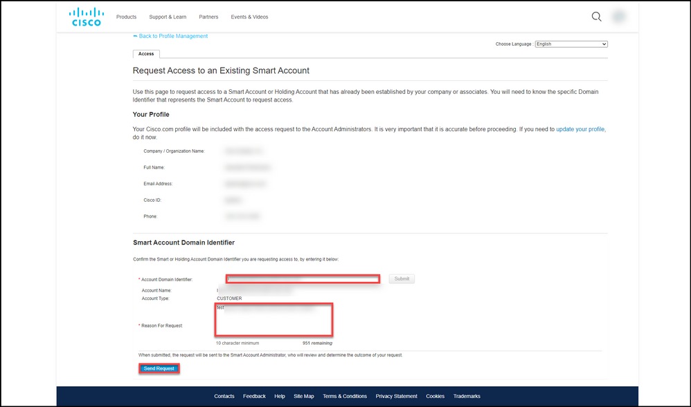 Requesting access to an existing Smart account - Send request