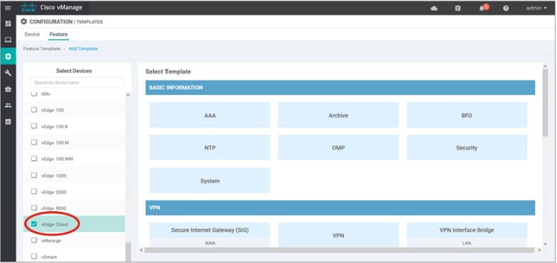 Shows Feature Templates page in Configuration Tab of vManage
