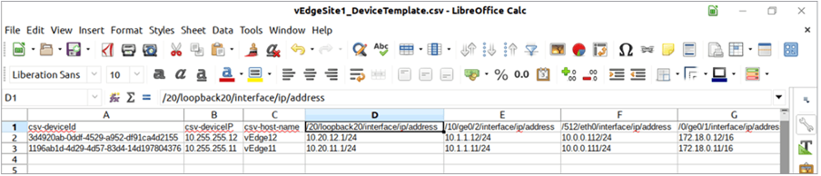 Displays Device template CSV file after it is downloaded and edited
