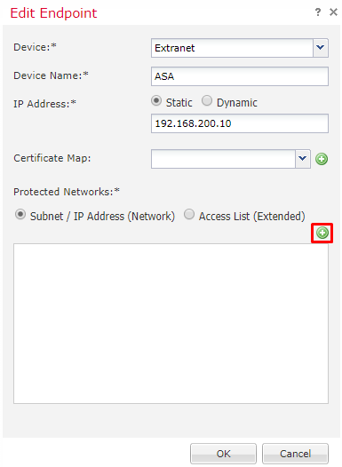 Cisco Firepower VPN Configuration - Define VPN topology - Click green plus to add protected networks