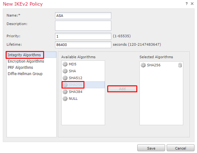 Cisco Firepower VPN Configuration - Configure IKE parameters - New IKEv2 Policy - Integrity Algorithms