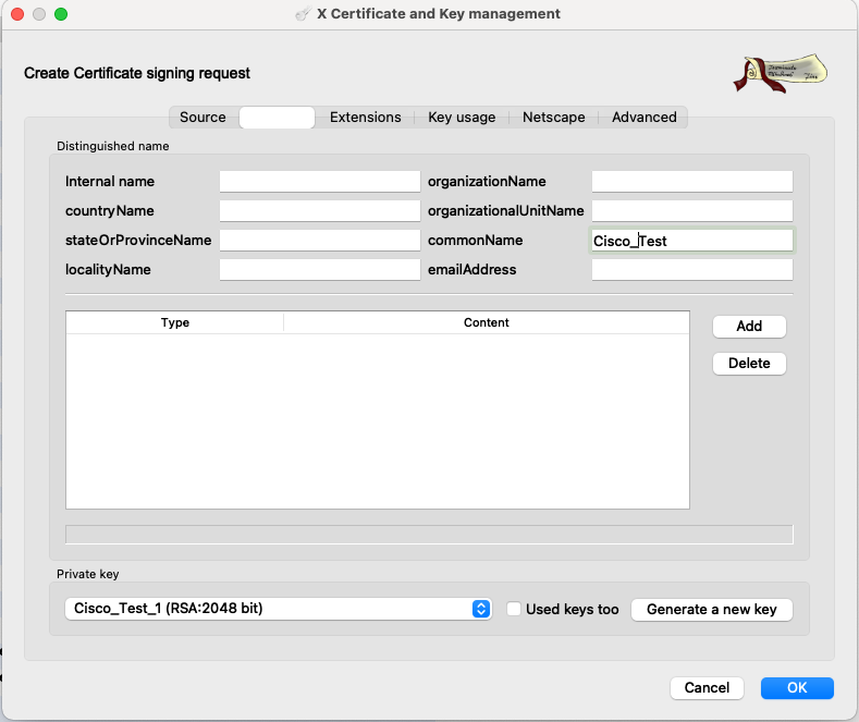 Graphical User Interface, Application XCA. Image of Certificate and Key Management on XCA.