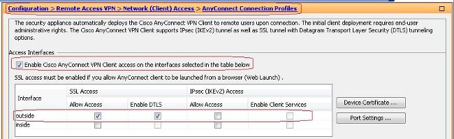 Check the checkboxes for Allow Access and Enable DTLS for the outside interface