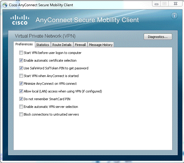 Required Selections on the AnyConnect Secure Mobility Client Preferences Tab