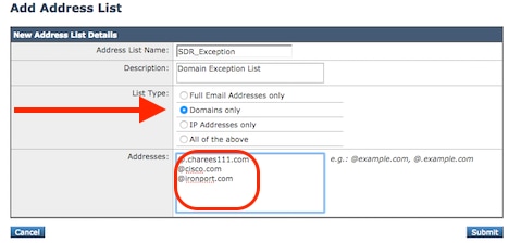 Address List to be Applied to the Domain Exception List