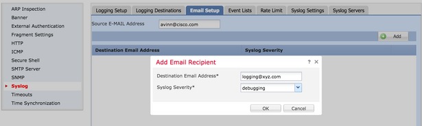 Configure destination email and Syslog severity