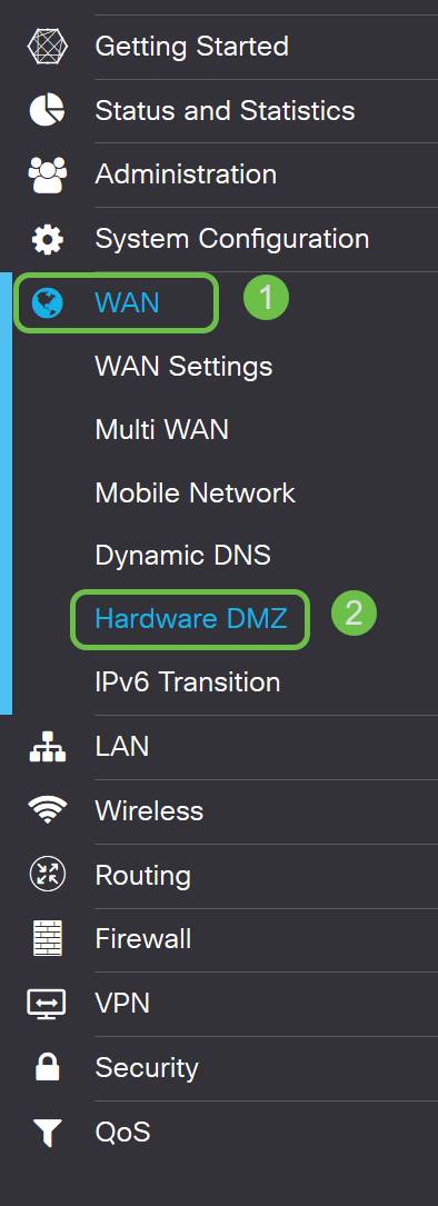 Menu bar with firewall, hardware DMZ highlighted