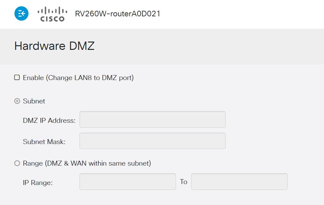 Hardware DMZ options page