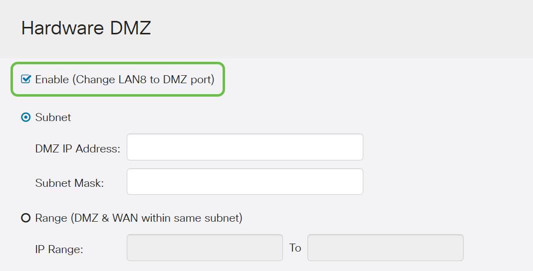 Hardware DMZ options page with Enable toggled on