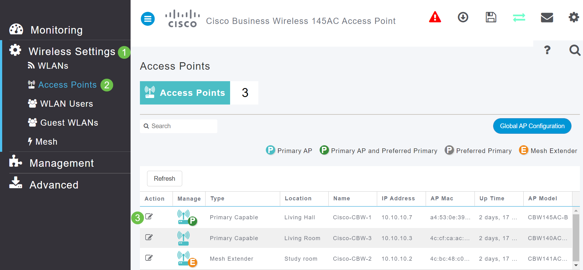 The Access Points page, three callouts for user click.