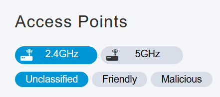 You can select to see 2.4 GHz or 5 GHz by clicking on the tab. By default, all rogue APs are labeled Unclassified.