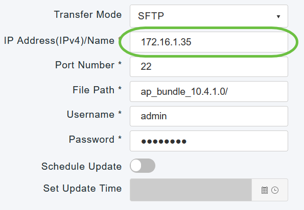In the IP Address (IPv4)/Name field, enter the IP address or the domain name of the SFTP server. 